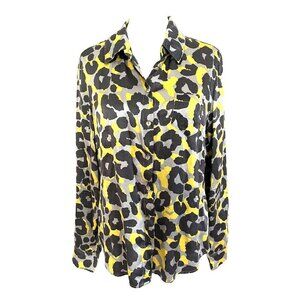 Boden Silk Blend Blouse Shirt Size 8 Button Up Black Gray Yellow Abstract Animal